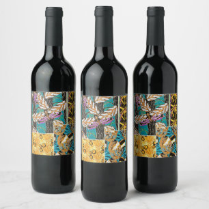 Vibrant Maximalist Teal & Purple Butterfly Art Wine Label