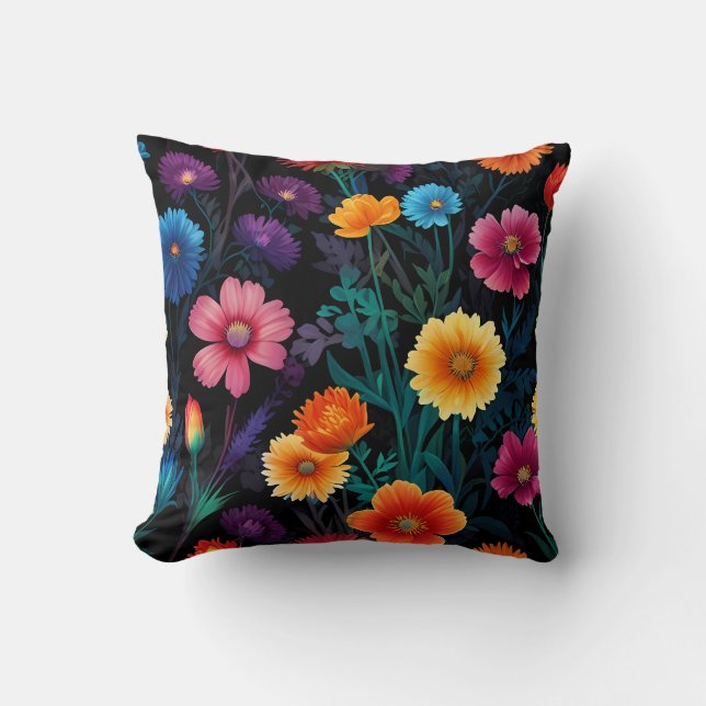 Vibrant Meadow Blossoms - Colorful Floral Pattern Throw Pillow (Front)