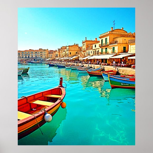 Vibrant Mediterranean Port Life Design Poster (Front)