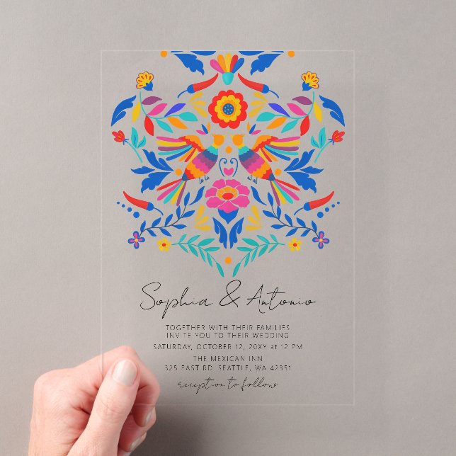 Vibrant Mexican Birds Otomi Floral Fiesta Wedding Acrylic Invitations (Insitu (Handheld))