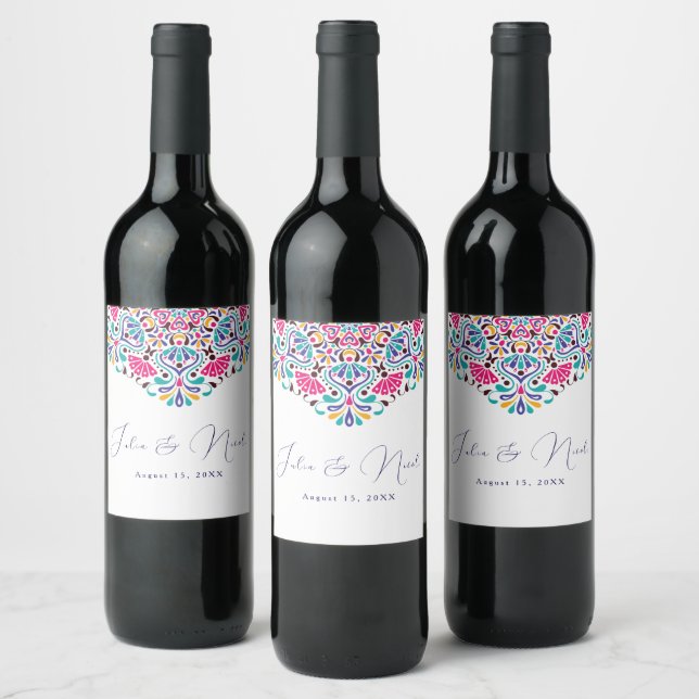 Vibrant Mexican Fiesta Style Rainbow Wedding Wine Label (Bottles)