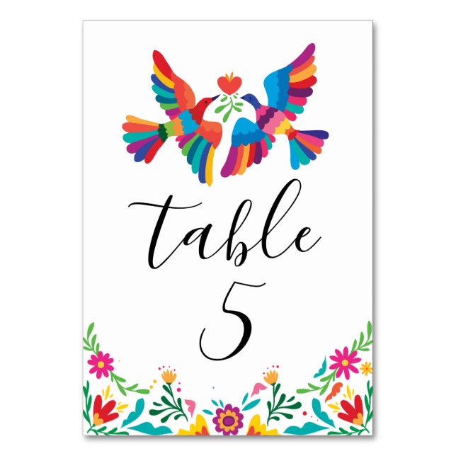 Vibrant Mexican Inspired Birds and Floral Wedding Table Number (Front)