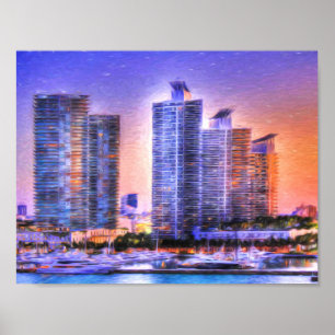 Vibrant Miami Skyline Sunrise Poster