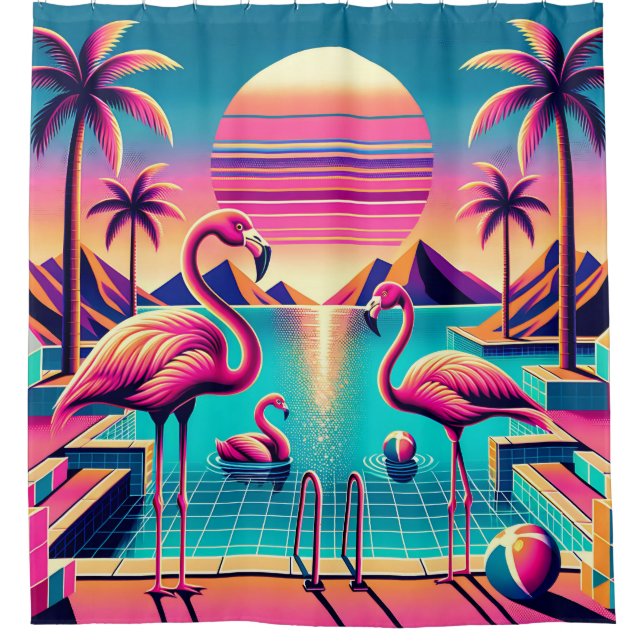 “Vibrant Mid-Century Modern Flamingo Pool Sunset" (Front)