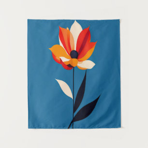 Vibrant Minimalist Flower on Blue Art Tapestry