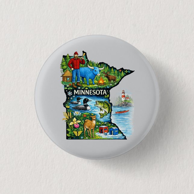 Vibrant Minnesota State Map-Paul Bunyan/Northwoods 1 Inch Round Button (Front)