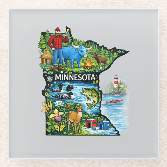 Vibrant Minnesota State Map-Paul Bunyan/Northwoods Glass Coaster (Front)
