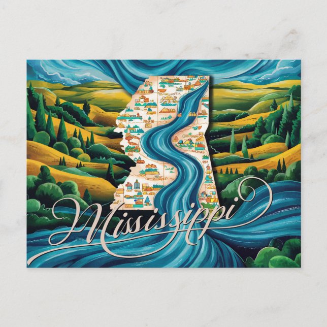 Vibrant Mississippi Map Art Postcard (Front)