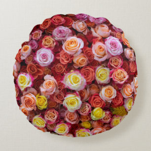 Vibrant Mixed Colour Roses Floral Round Pillow