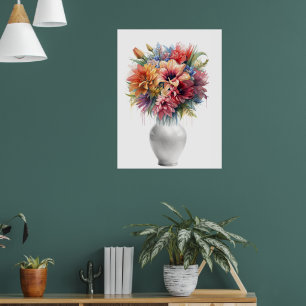 Vibrant Mixed Media Lily Bouquet in Vase Art Poster