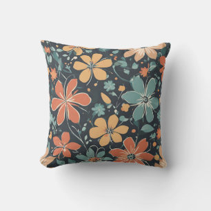 Vibrant Modern Blue, Orange, Yellow Flowers. Retro Throw Pillow