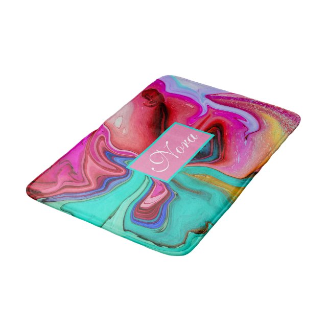 Vibrant Modern Marble Watercolor Personalize Bath Mat (Angled)