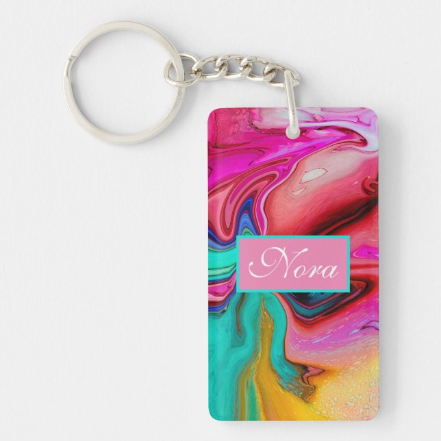 Vibrant Modern Marble Watercolor Personalize Keychain (Front)