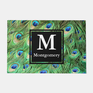 Vibrant Modern Peacock Feathers - Personalized Doormat
