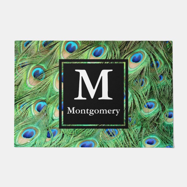 Vibrant Modern Peacock Feathers - Personalized Doormat (Front)