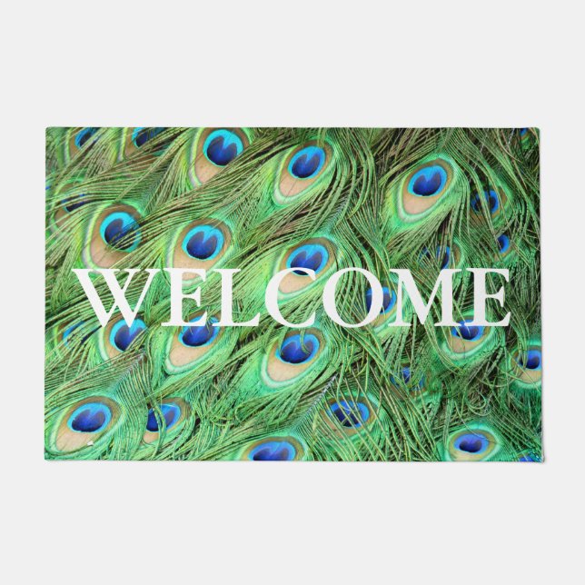 Vibrant Modern Peacock Feathers Welcome Doormat (Front)