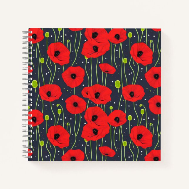 Vibrant Modern Red Poppies Pattern Art Notebook (Front)
