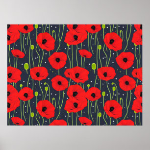 Vibrant Modern Red Poppies Pattern Art Poster