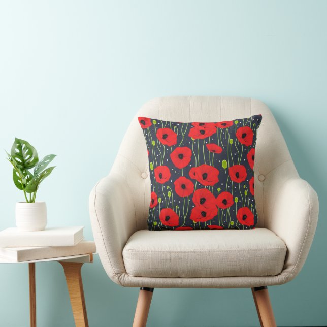 Vibrant Modern Red Poppies Pattern Art Throw Pillow (Chair)