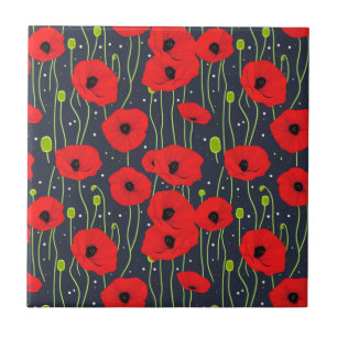 Vibrant Modern Red Poppies Pattern Art Tile