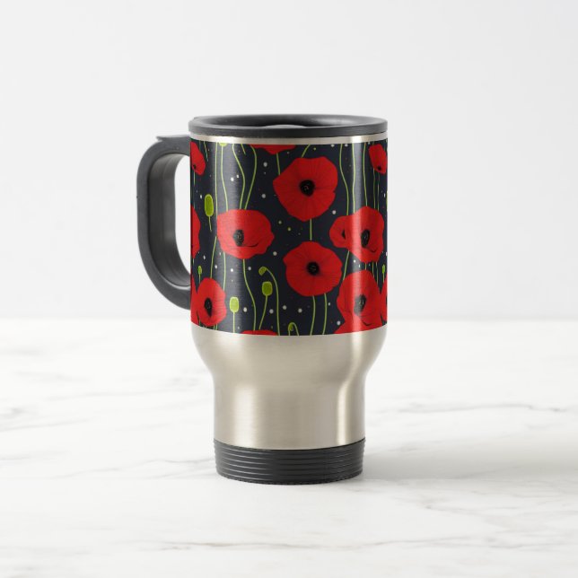 Vibrant Modern Red Poppies Pattern Art Travel Mug (Front Left)