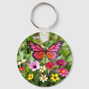 Vibrant Monarch Butterfly Garden Scene Keychain