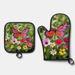 Vibrant Monarch Butterfly Garden Scene Oven Mitt & Pot Holder Set