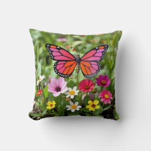 Vibrant Monarch Butterfly Garden Scene Throw Pillow