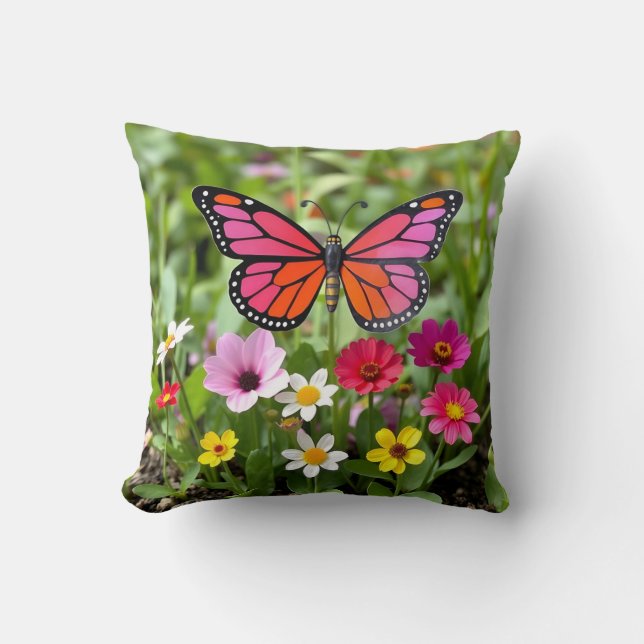 Vibrant Monarch Butterfly Garden Scene Throw Pillow (Front)