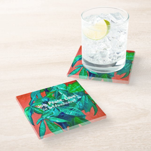 Vibrant Money Tree GLASS Coaster - Joy Peace Love (Angled)