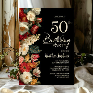 Vibrant Moody Floral Black 50th Birthday Party Invitation