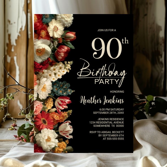 Vibrant Moody Floral Black 90th Birthday Party Invitation (Creator Uploaded)
