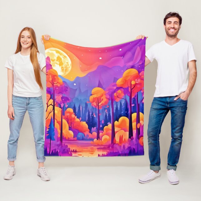 Vibrant Moonlit Forest Fleece Blanket (In Situ)