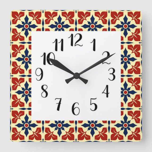 Vibrant Moroccan Tiled Square Wall Clock (Front)