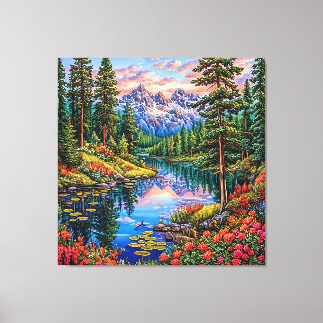 Vibrant Mountain Landscape with Reflection Canvas Print (Front)