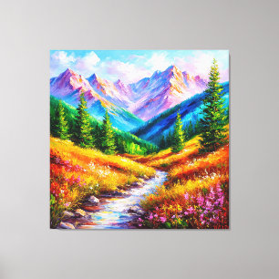 Vibrant Mountain Landscape with Stream, Wildflower Canvas Print