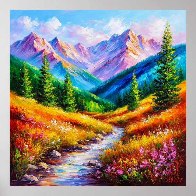 Vibrant Mountain Landscape with Stream, Wildflower Poster (Front)