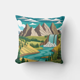 Vibrant Mountain Landscape with Waterfall and Rive Throw Pillow