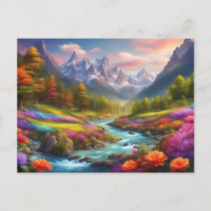 Vibrant Mountain River Landscape Illustration Postcard