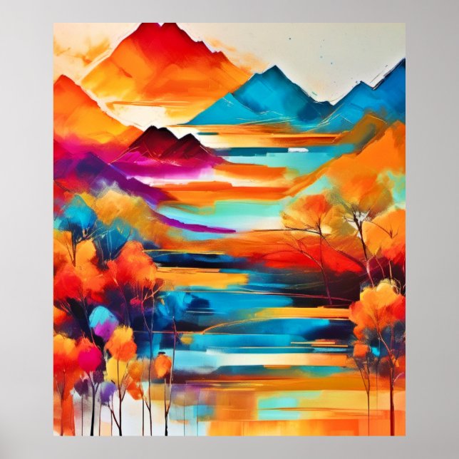 Vibrant Mountain Sunset Painting Poster (Front)
