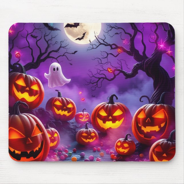 Vibrant Mousepad – Cute Ghosts & Pumpkins (Front)