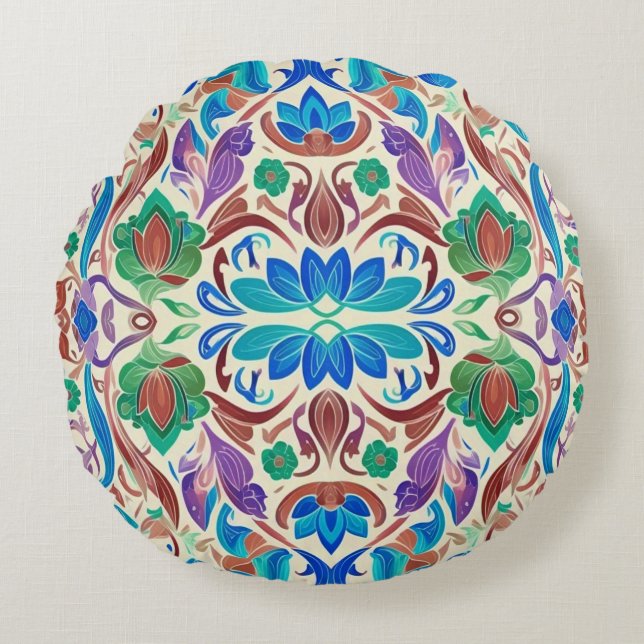 Vibrant multicolor floral fabric pattern design round pillow (Front)