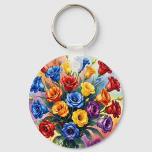 Vibrant Multicolor Roses Lisianthus Watercolor  Keychain