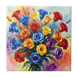 Vibrant Multicolor Roses Lisianthus Watercolor Tile