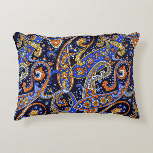 Vibrant Navy & Orange Bohemian Paisley Pattern Accent Pillow