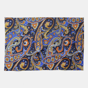 Vibrant Navy & Orange Bohemian Paisley Pattern Kitchen Towel