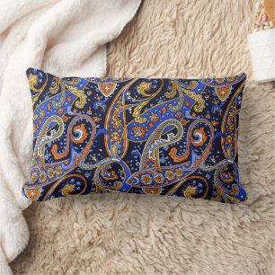Vibrant Navy & Orange Bohemian Paisley Pattern Lumbar Pillow