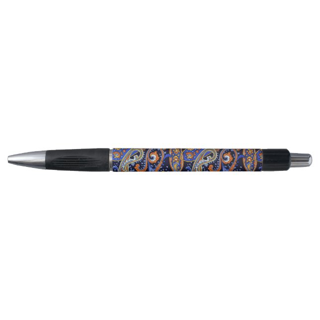 Vibrant Navy & Orange Bohemian Paisley Pattern Pen (Front)