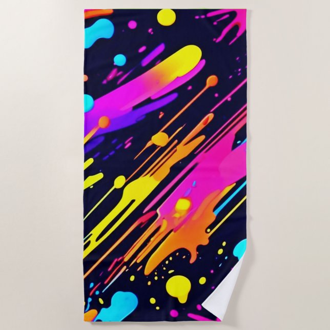 Vibrant Neon Abstract Colour Splash Design Beach Towel (Front)