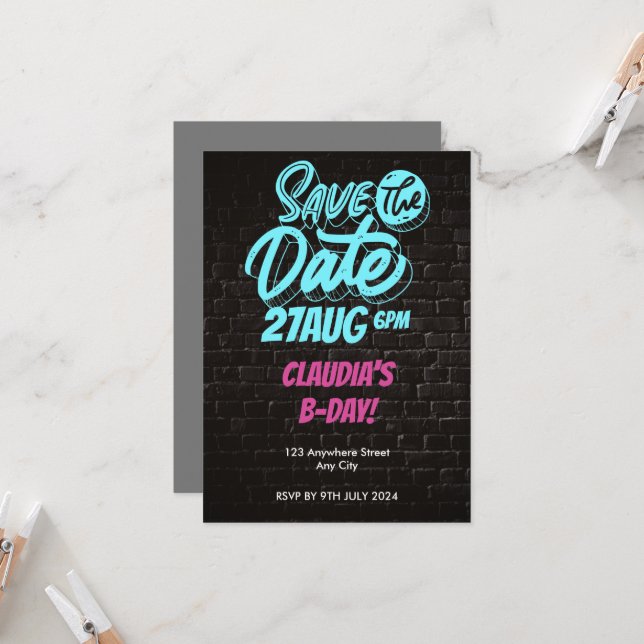 Vibrant Neon Brick Wall Birthday Save the Date Invitation (Front/Back In Situ)